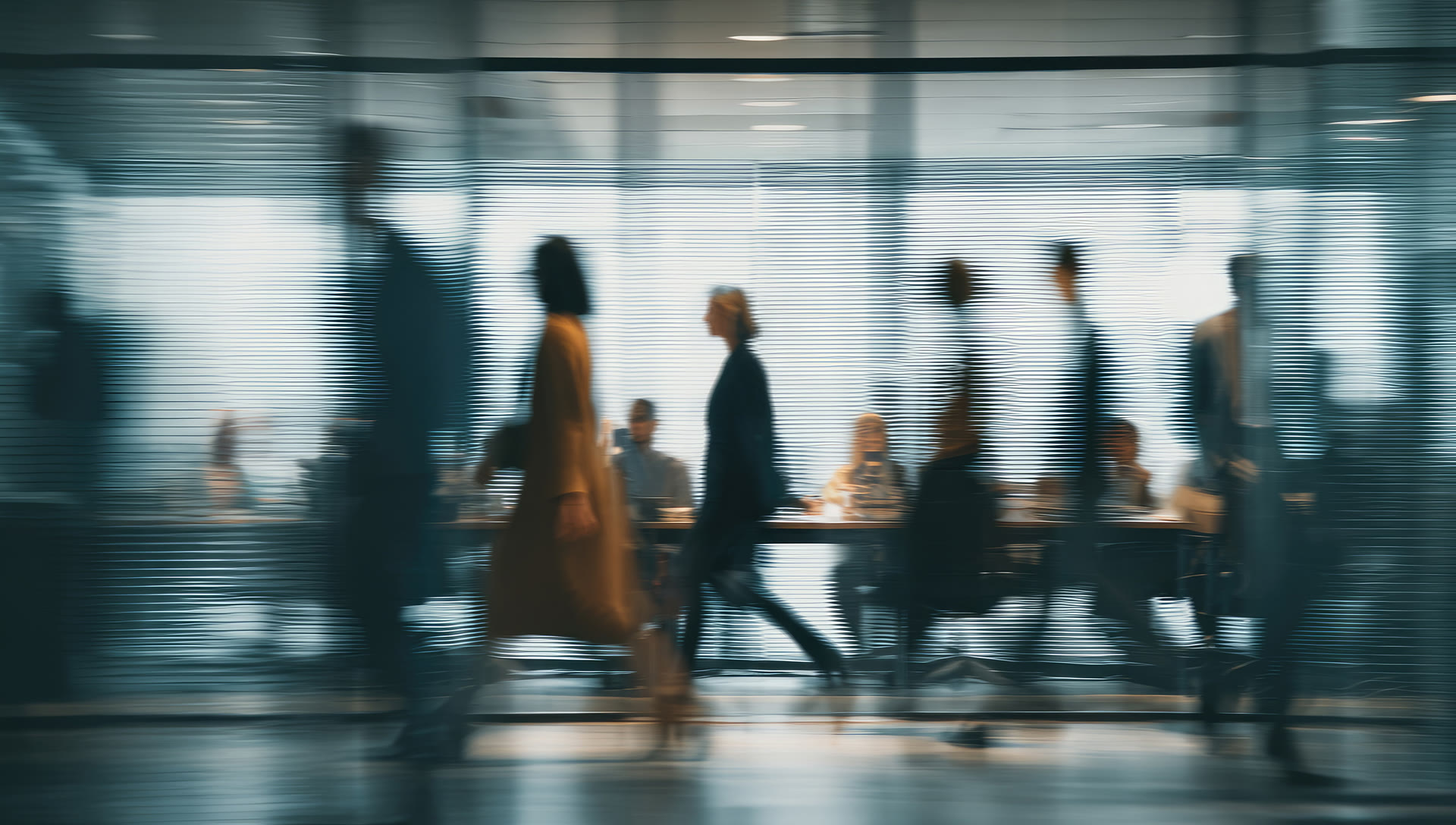Blurred figures walking through a bright office corridor