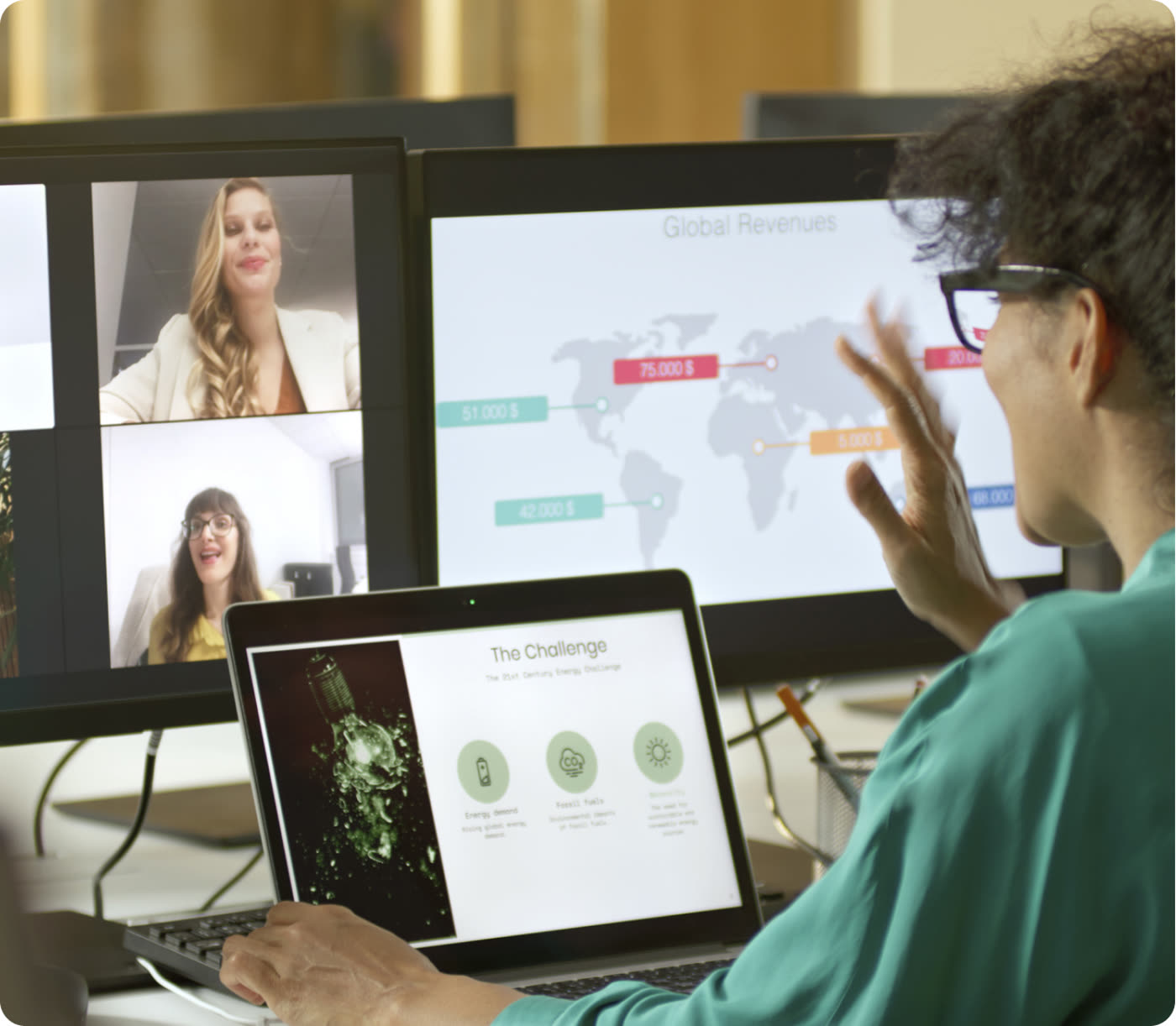 Learner at a dual-screen practice session