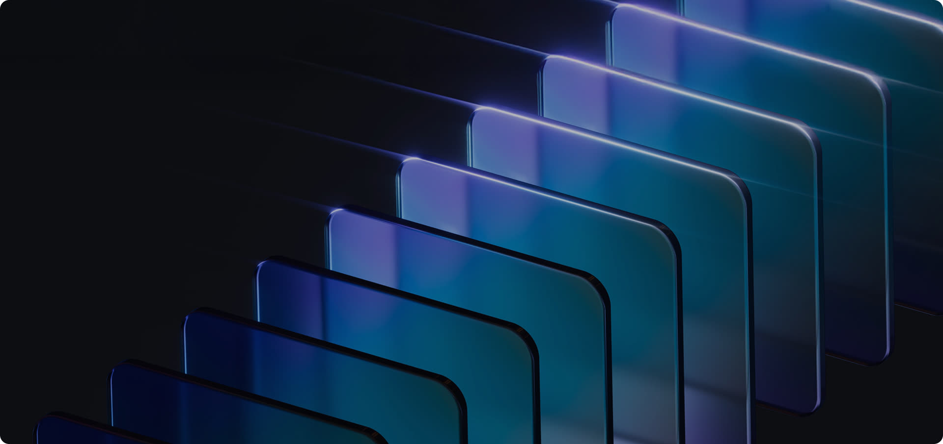 Layered glass panels rising through a dark enterprise data visual
