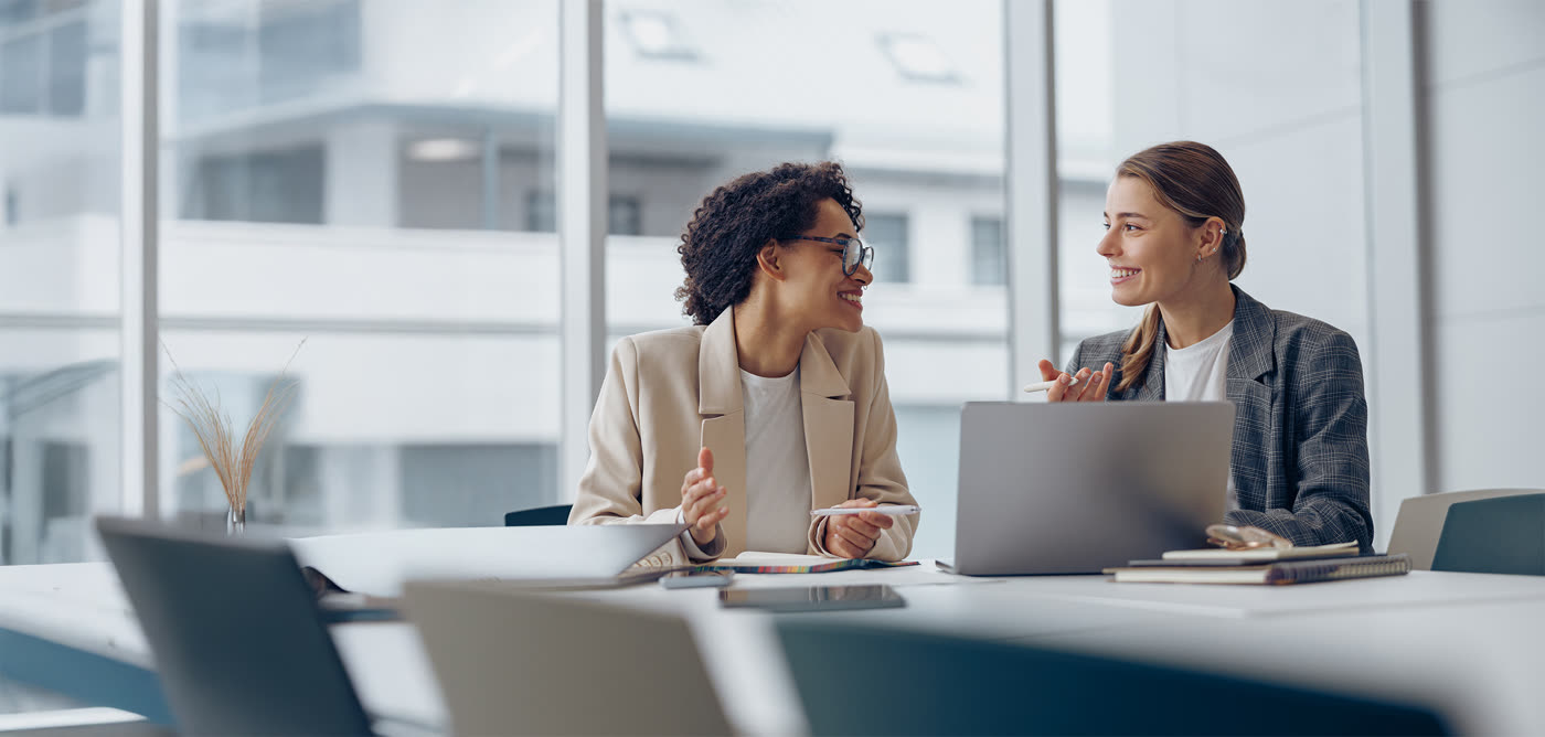 Two professionals discussing at a laptop